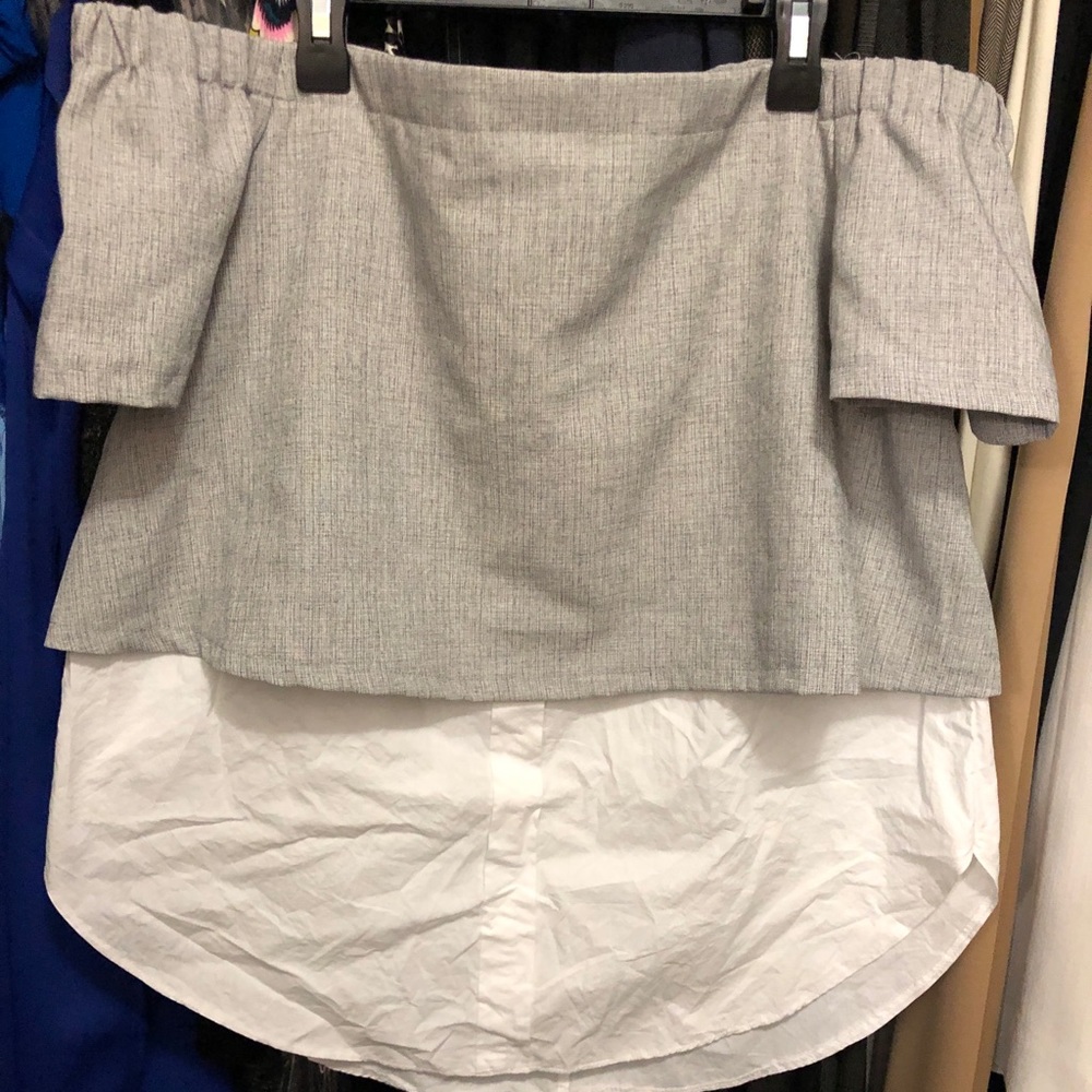 White button down blouse with a grey crop on top